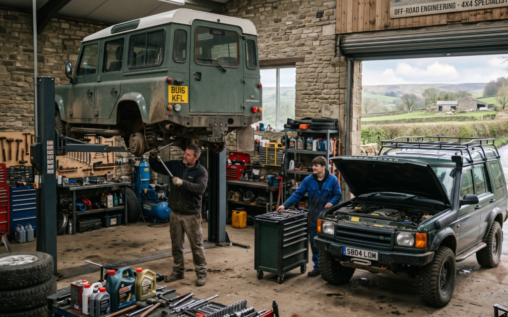 Mechanics working on two Land Rovers in a 4x4 specialist garage with countryside view