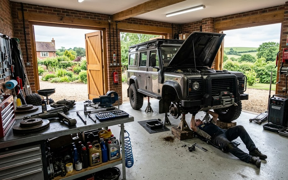 Mechanic repairing Land Rover in a countryside garage with open doors, surrounded by tools and equipment